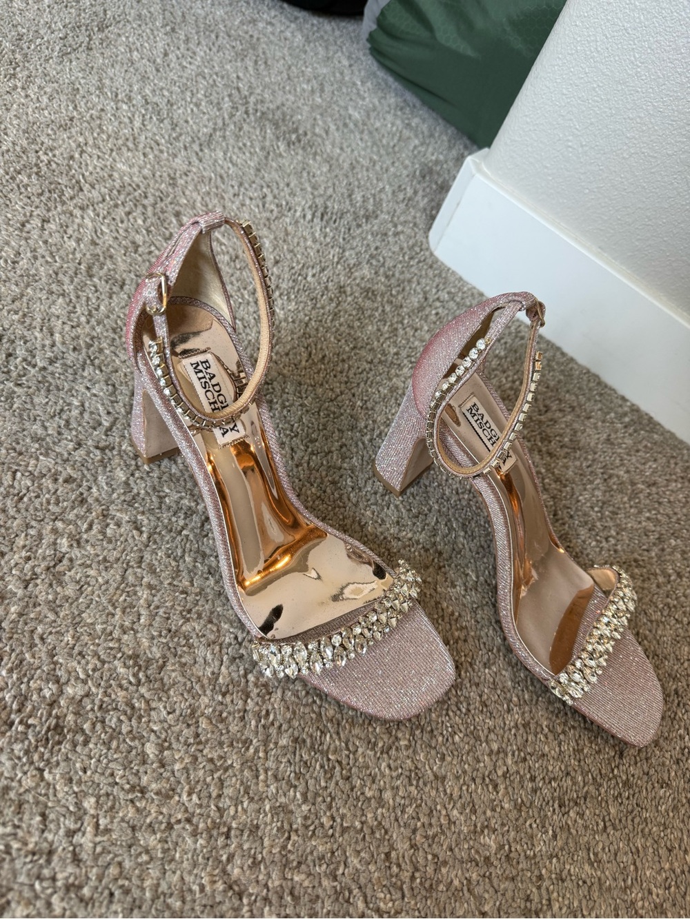 Badgley Mischka Rose Pink Glitter Crystal Ankle-Strap Block Heels